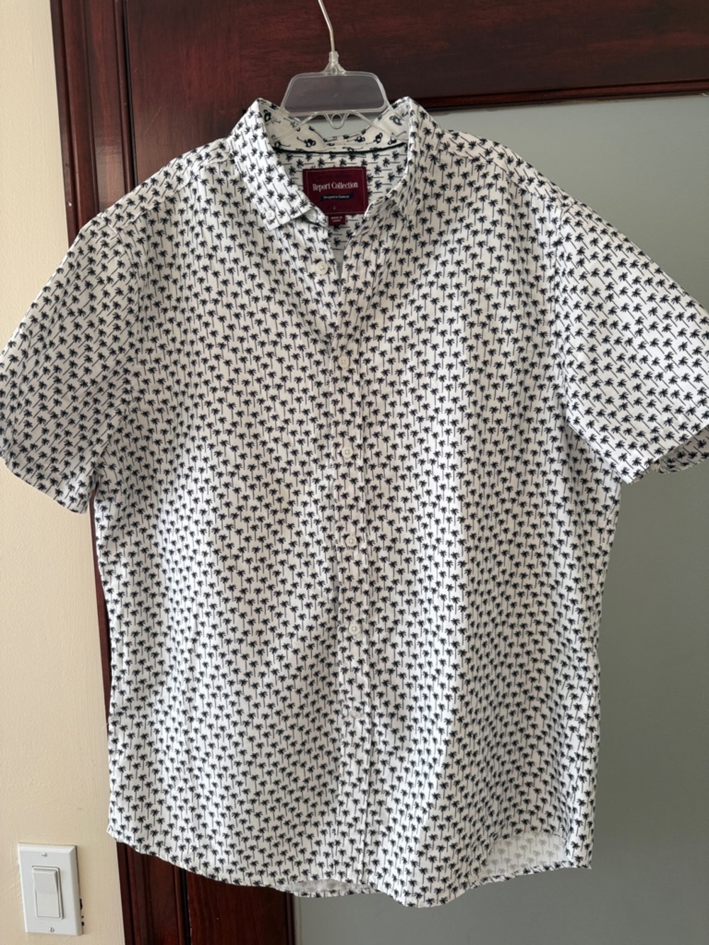 Report Collection Large White Short-Sleeve Button-Down Shirt with Palm Print